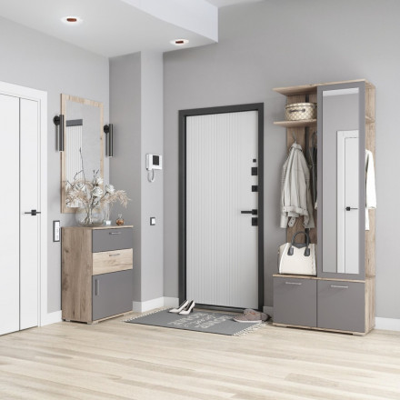 Современная мебель прихожая в коридор с обувницей, зеркалом, вешалкой, тумбой в маленький узкий коридор Модульная ЛАЙТ, дизайн стиля в квартире №4 (графит / крафт серый), купить недорого в фирменном салоне магазине «Моя Мебель», всего за 25 610 руб.