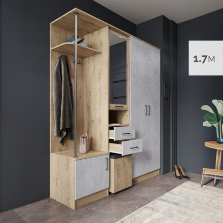 Современная мебель прихожая в коридор с зеркалом, шкафом, обувницей, вешалкой, сиденьем, полками, ящиками, тумбой и банкеткой пуфиком DYCA 170 (цемент / бунратти), купить недорого в фирменном салоне магазине «Моя Мебель», всего за 35 990 руб.