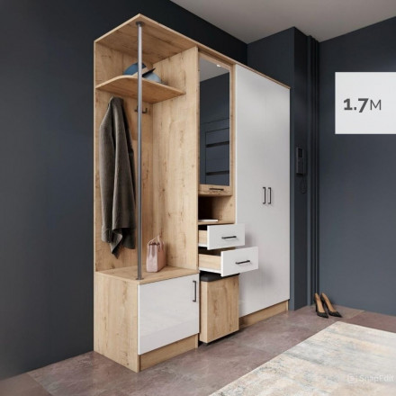 Современная мебель прихожая в коридор с зеркалом, шкафом, обувницей, вешалкой, сиденьем, полками, ящиками, тумбой и банкеткой пуфиком DYCA 170 (белый / бунратти), купить недорого в фирменном салоне магазине «Моя Мебель», всего за 35 990 руб.