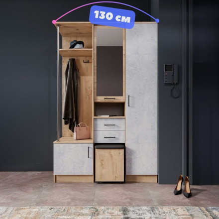 Современная мебель прихожая в коридор с зеркалом, шкафом, обувницей, вешалкой, сиденьем, полками, ящиками, тумбой и банкеткой пуфиком DYCA 130 (цемент / бунратти), купить недорого в фирменном салоне магазине «Моя Мебель», всего за 29 990 руб.