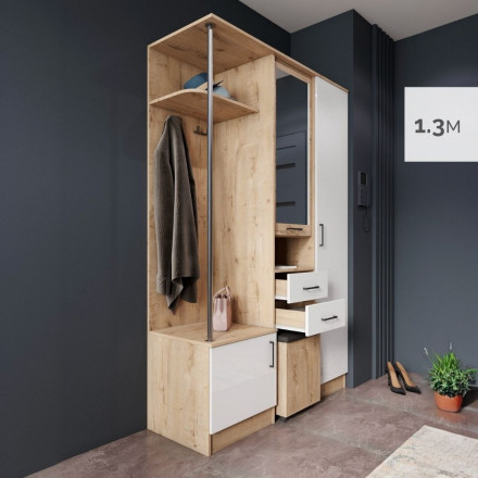 Современная мебель прихожая в коридор с зеркалом, шкафом, обувницей, вешалкой, сиденьем, полками, ящиками, тумбой и банкеткой пуфиком DYCA 130 (белый / бунратти), купить недорого в фирменном салоне магазине «Моя Мебель», всего за 29 990 руб.