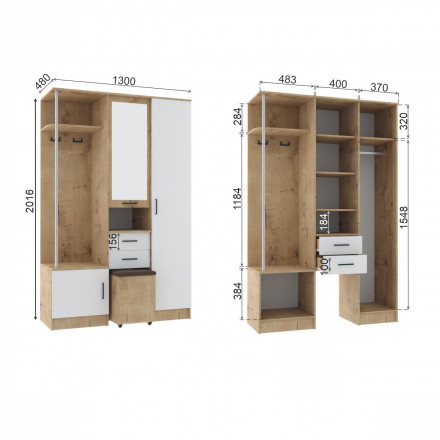 Современная мебель прихожая в коридор с зеркалом, шкафом, обувницей, вешалкой, сиденьем, полками, ящиками, тумбой и банкеткой пуфиком DYCA 130 (белый / бунратти), купить недорого в фирменном салоне магазине «Моя Мебель», всего за 29 990 руб.