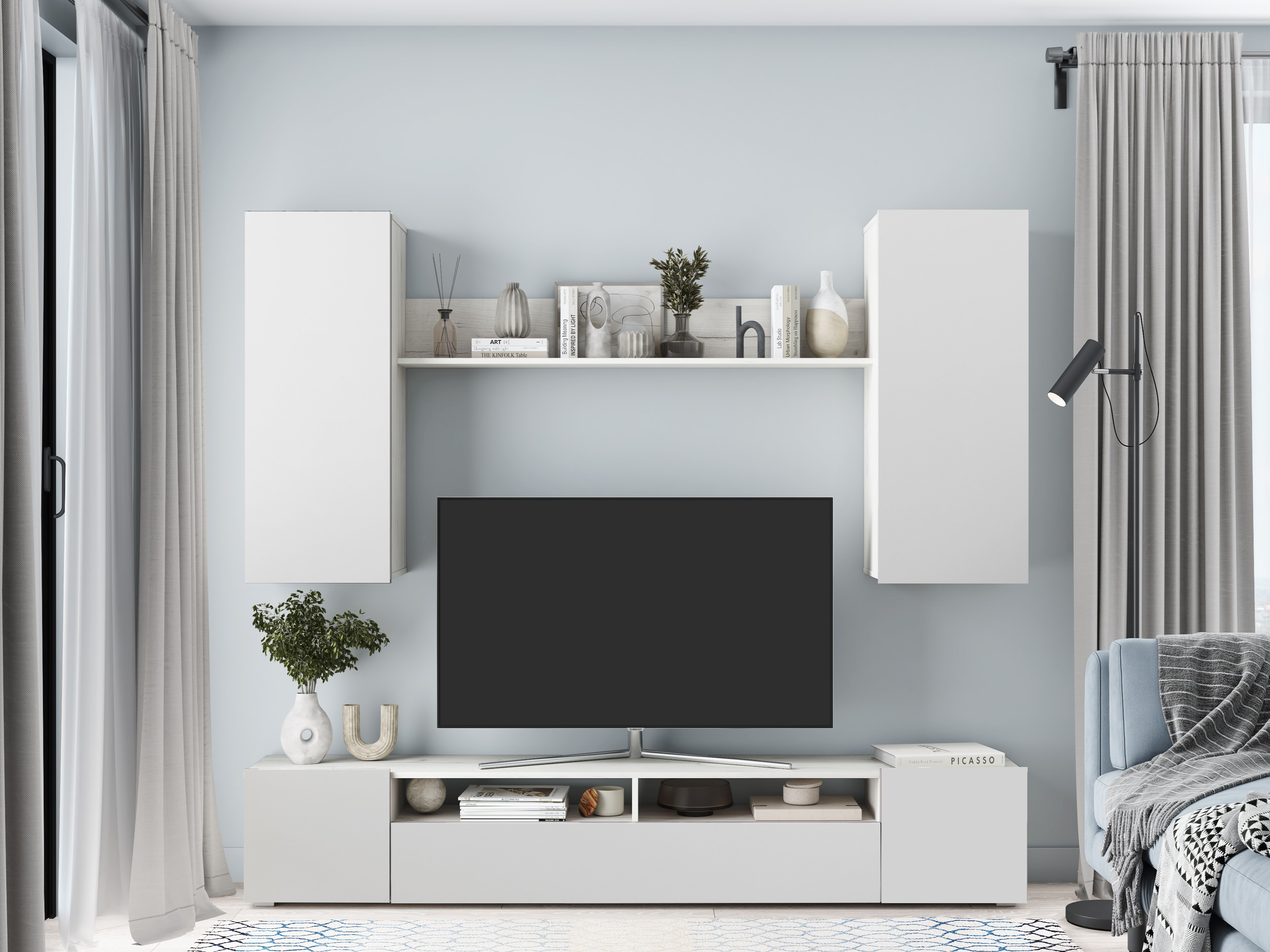 Современная белая навесная модульная гостиная 'Денвер' #3 в интерьере фирменного салона-магазина 'Моя Мебель' на сайте m-m-mebel.ru