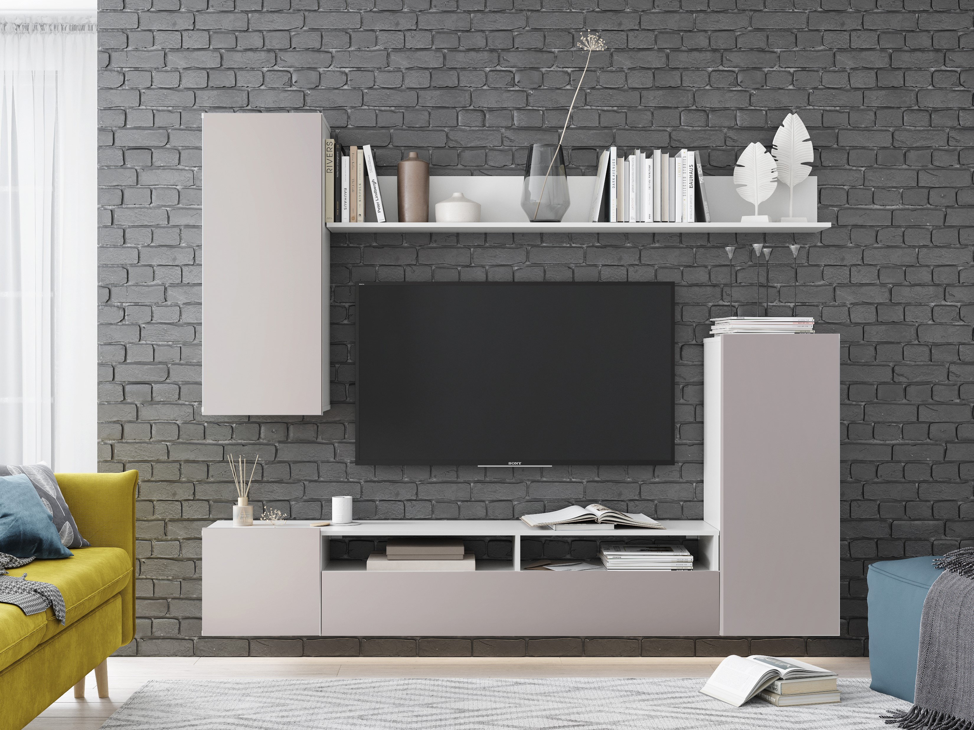 Современная навесная модульная стенка в гостиную 'Денвер' №9, цвет: глиняный серый / крафт белый в интерьере фирменного салона-магазина 'Моя Мебель' на сайте m-m-mebel.ru