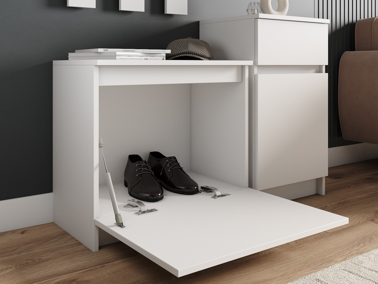 Фото банкетки для обуви из коллекции недорогой модульной мебели в прихожую белого цвета 'МОРИ' в салонах 'Моя Мебель' и на сайте m-m-mebel.ru