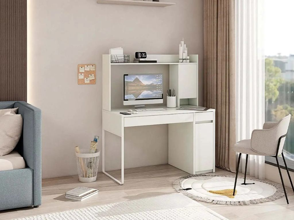 Белый письменный компьютерный стол для школьника с ящиками, полками и тумбой аналог ИКЕА МИККЕ (IKEA MICKE)